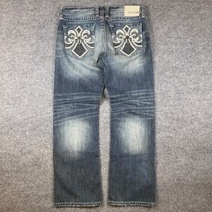 Y2K Affliction Jeans Mens 34 (FITS 36x32) Blue Blake Grunge Embroidered
